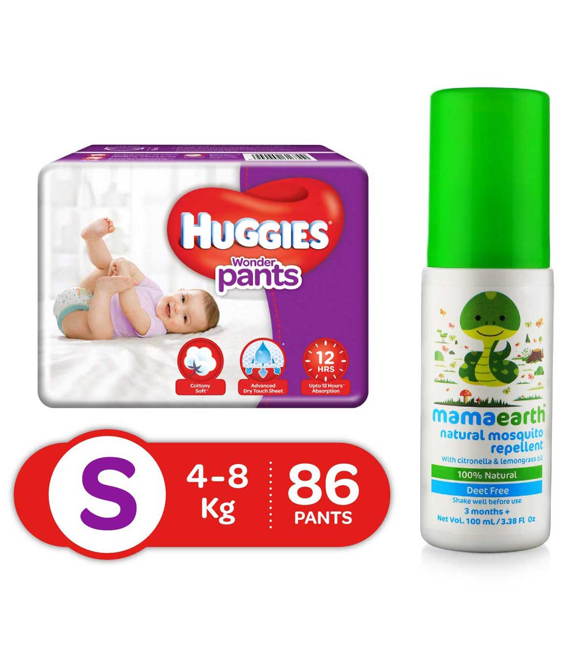 Huggies Wonder Pants Small Size Diapers, 86 Count & Mamaearth Natural Insect Repellent for babies (100 ml)