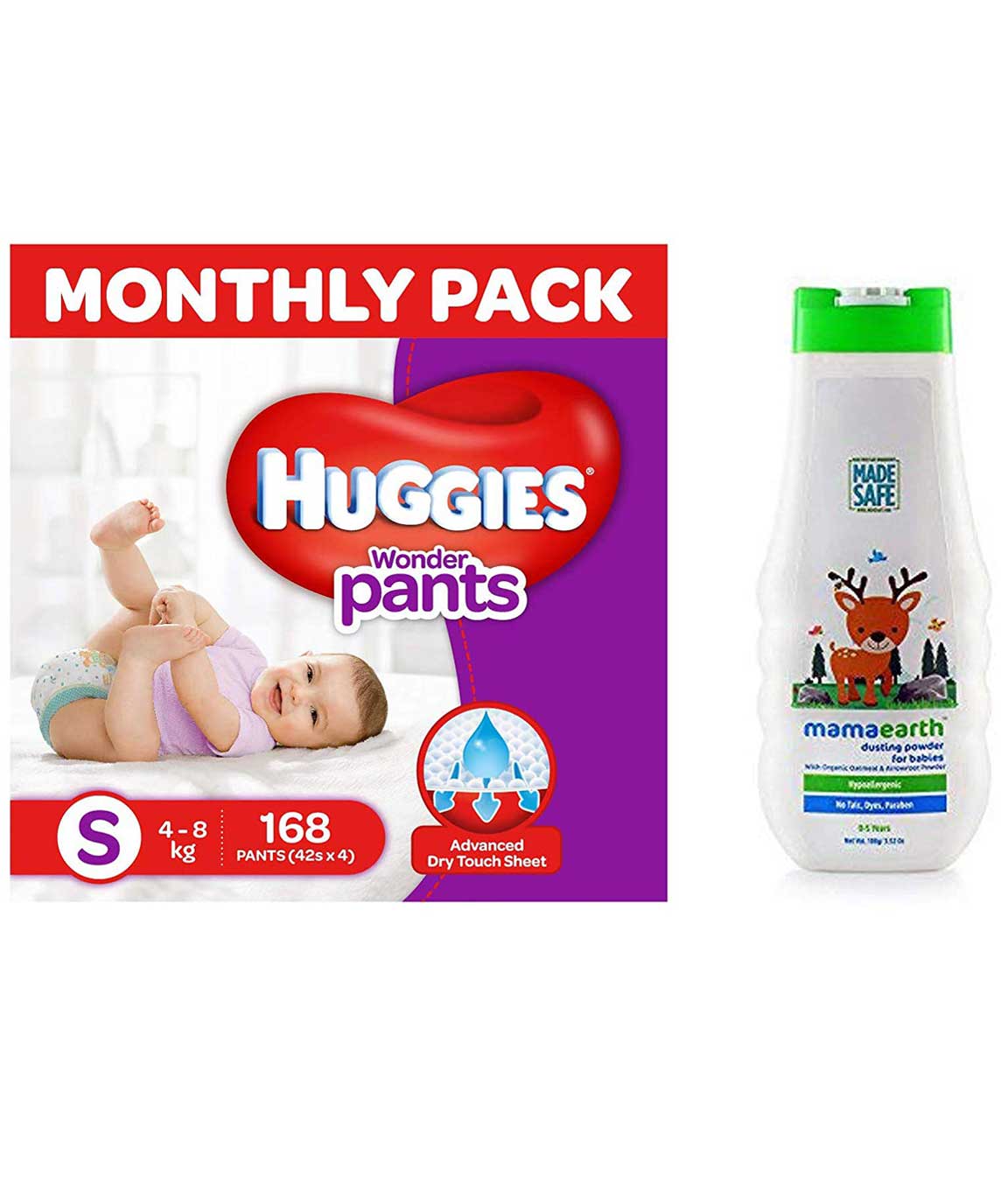 Huggies Wonder Pants Small Size Diapers Monthly Pack (168 Count) & Mamaearth dusting Powder with Organic Oatmeal & Arrowroot Powder 150g