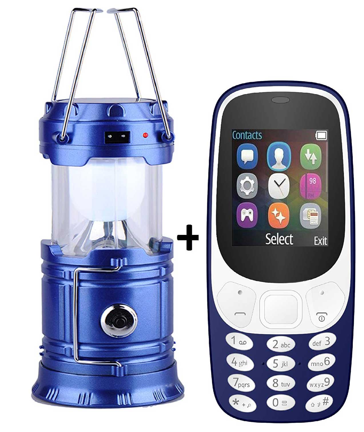 IKALL K3310 Dual Sim 1.8-inch Display Mobile with LED Rechargeable Lantern with 3 Way Power Option, Solar Power or AA Batteries or AC Power (Blue)