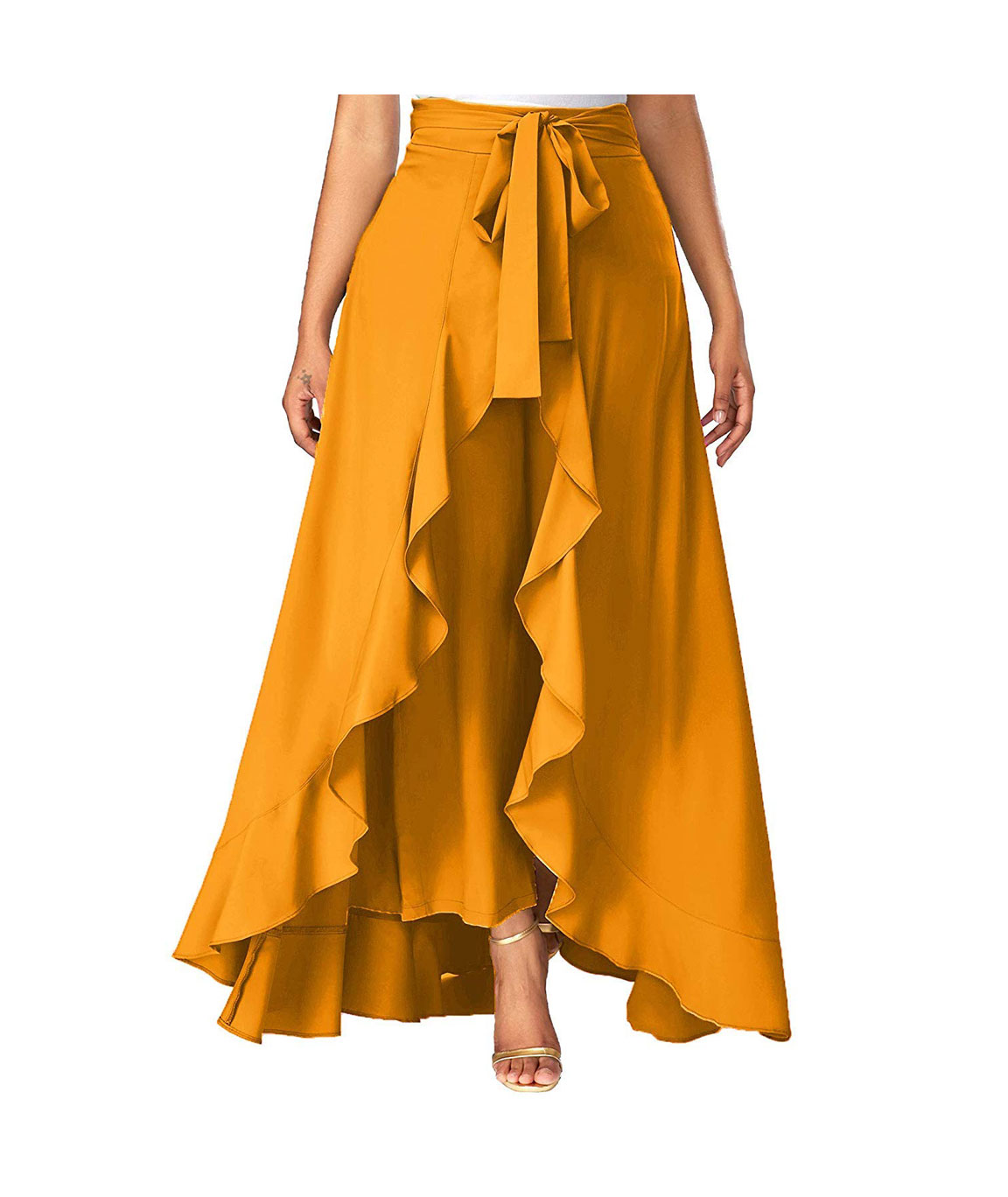  Women`s Layered/Ruffle Black Palazzo with One Waist Tie Band(yellow)