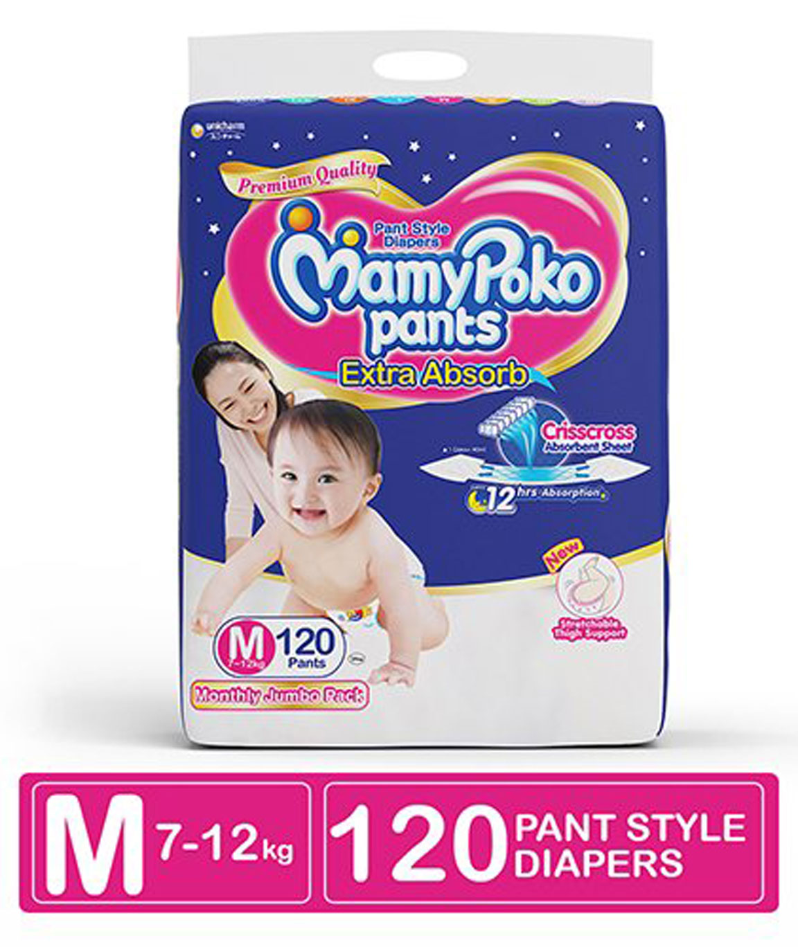 MamyPoko Pants Extra Absorb Diapers Monthly Pack, Medium (Pack of 120)