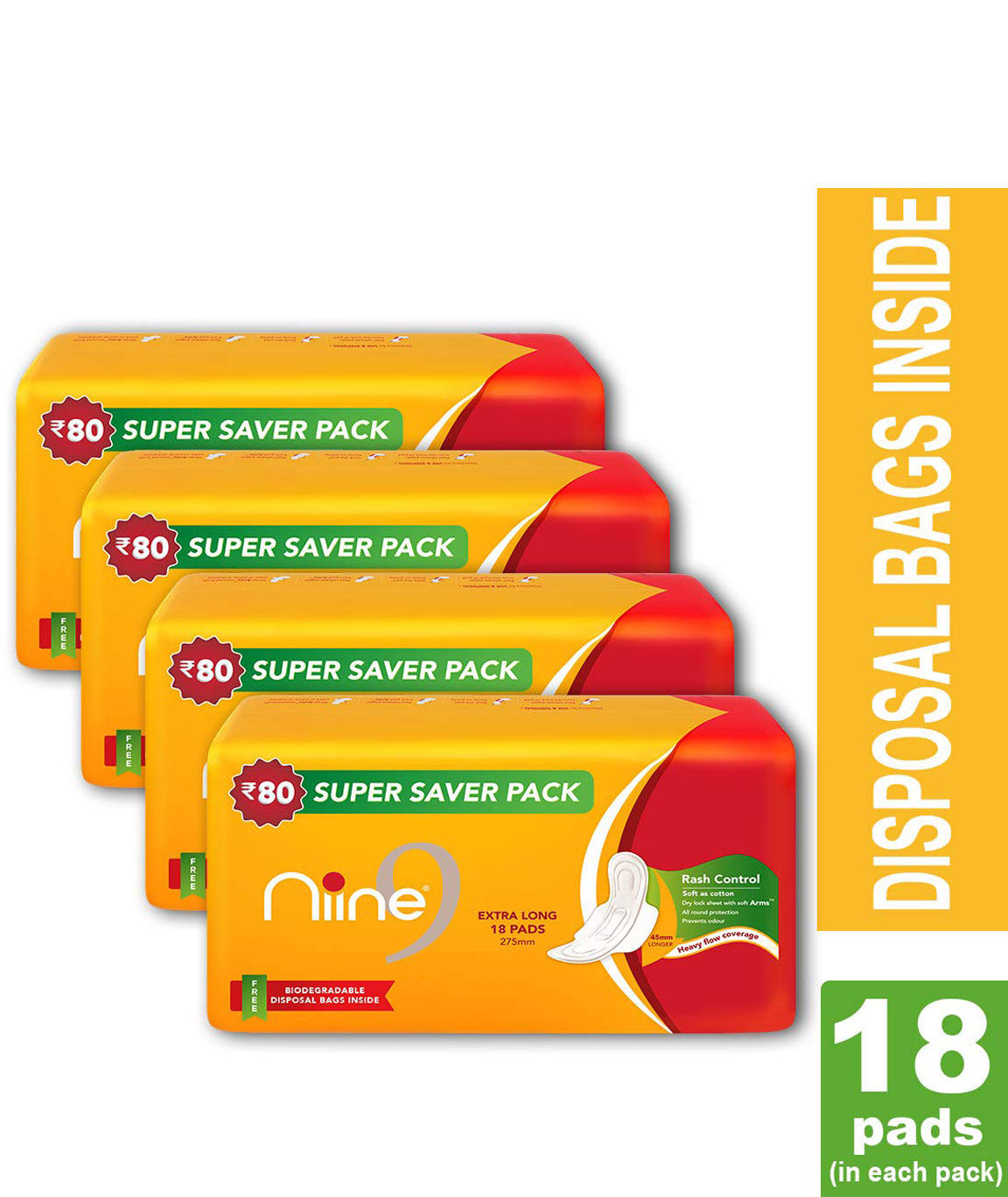Nine Extra Long Sanitary Pads for women (Pack of 4), With disposable bags inside, 72 Pads Count (Super Saver Pack)
