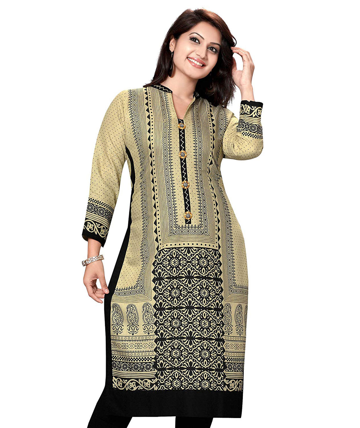 Plus Size Kurtis Black and Beige Printer Rayon A-LINE Kurti