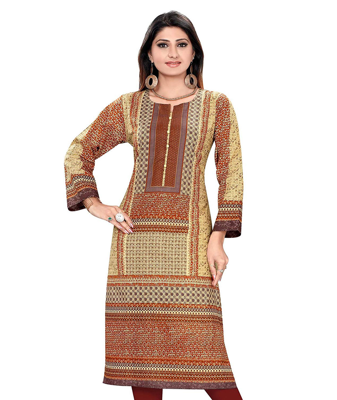 Plus Size Kurtis Women`s Cotton Printed Kurti (Beige, Medium)