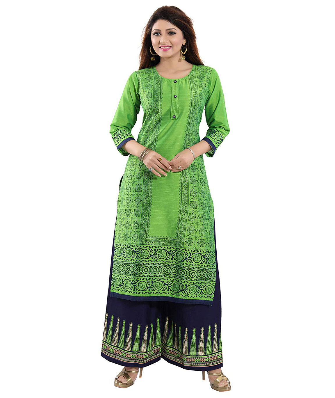 Plus Size Long Green & Blue Embroidered A-LINE Cotton Silk Kurti with REYON PLAZOO
