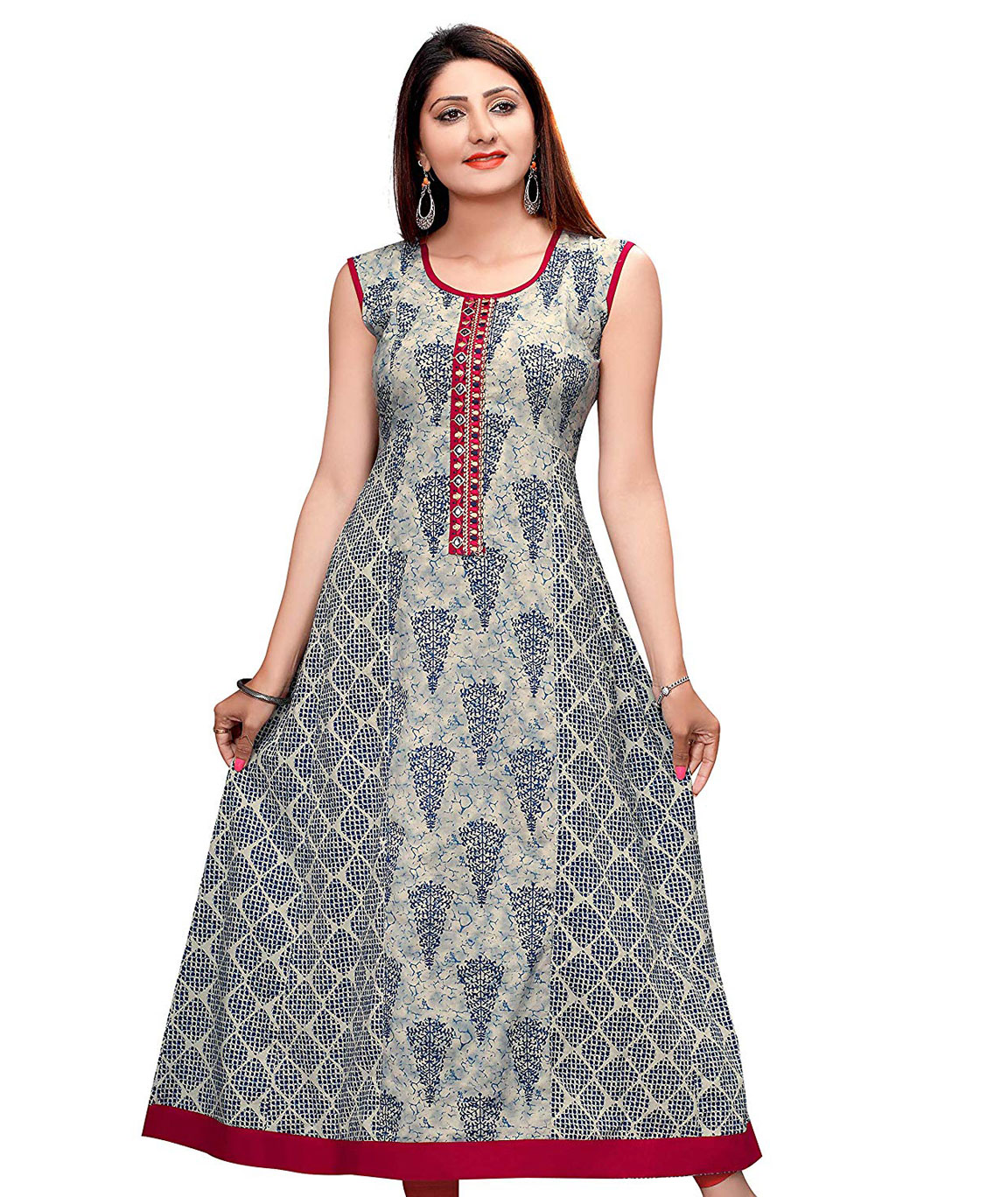 Plus Size Long Grey Printed Anarkali Kurti