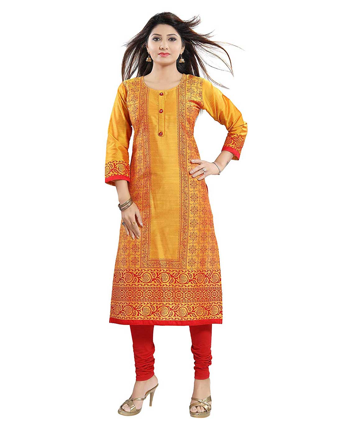 Plus Size Long Yellow & RED Embroidered A-LINE Cotton Silk Kurti (Large)