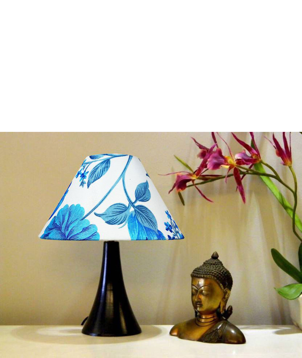 RDC Black Conical Stand Table Lamp with 10 Inches Round Blue White Floral Designer Lamp Shade
