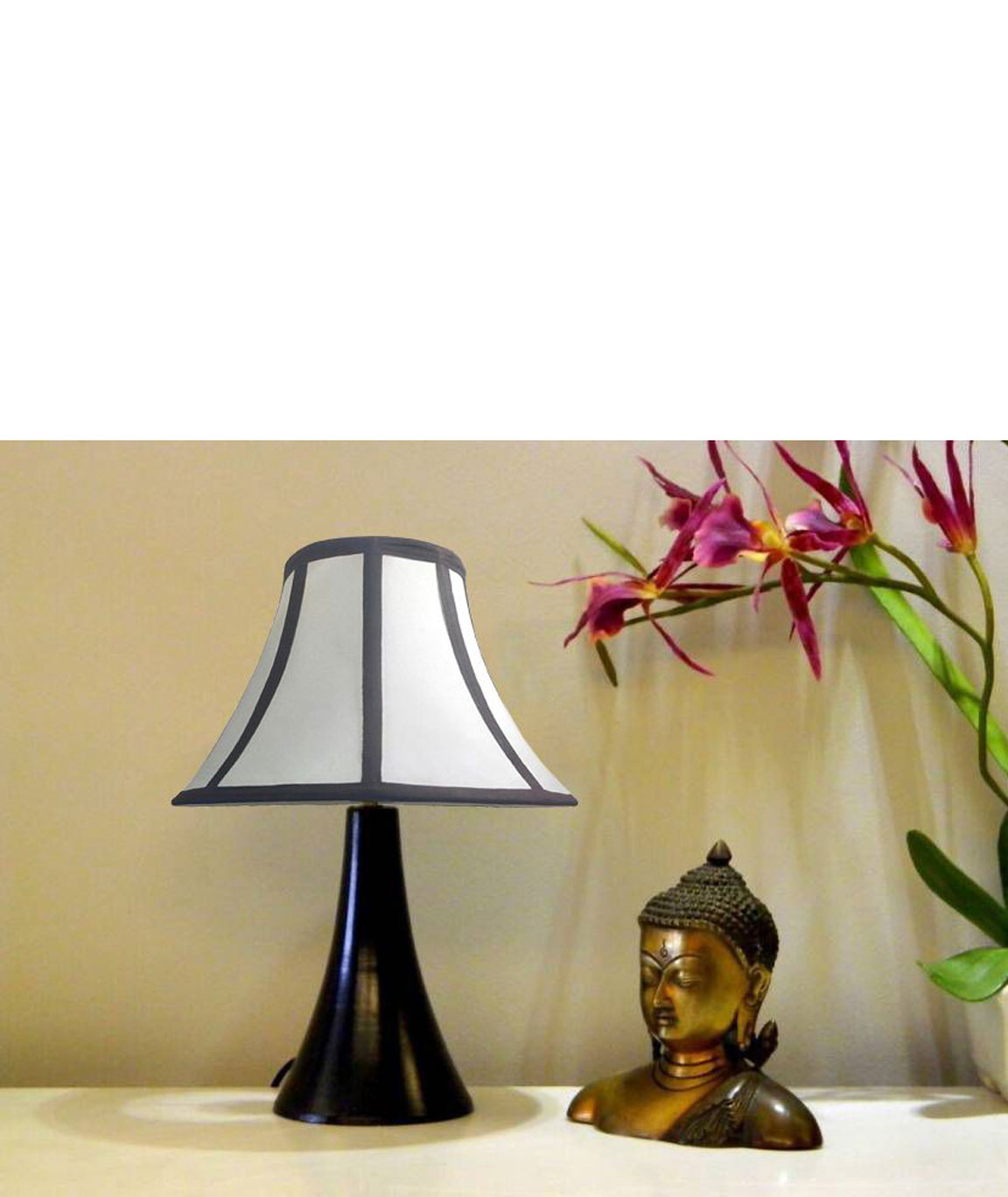 RDC Black Conical Stand Table Lamp with 10 Inches Round Slanting Cream with Brown Border Lamp Shade