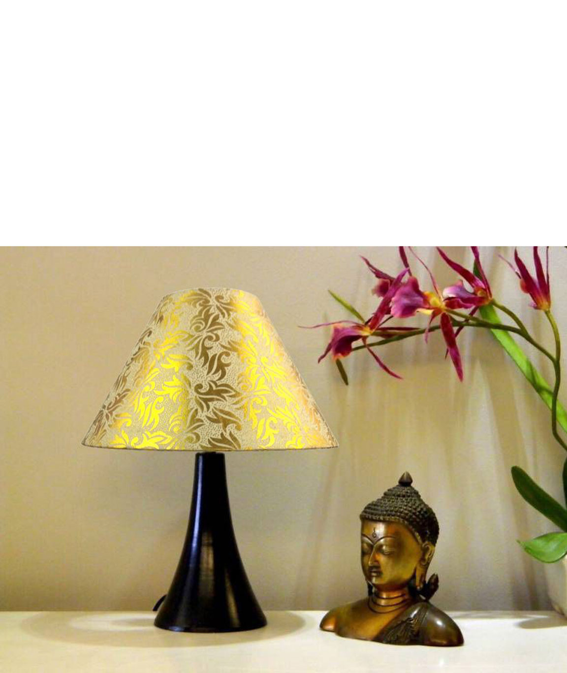 RDC Black Conical Stand Table Lamp with 10 Inches Round Cream with Golden Designer Lamp Shade