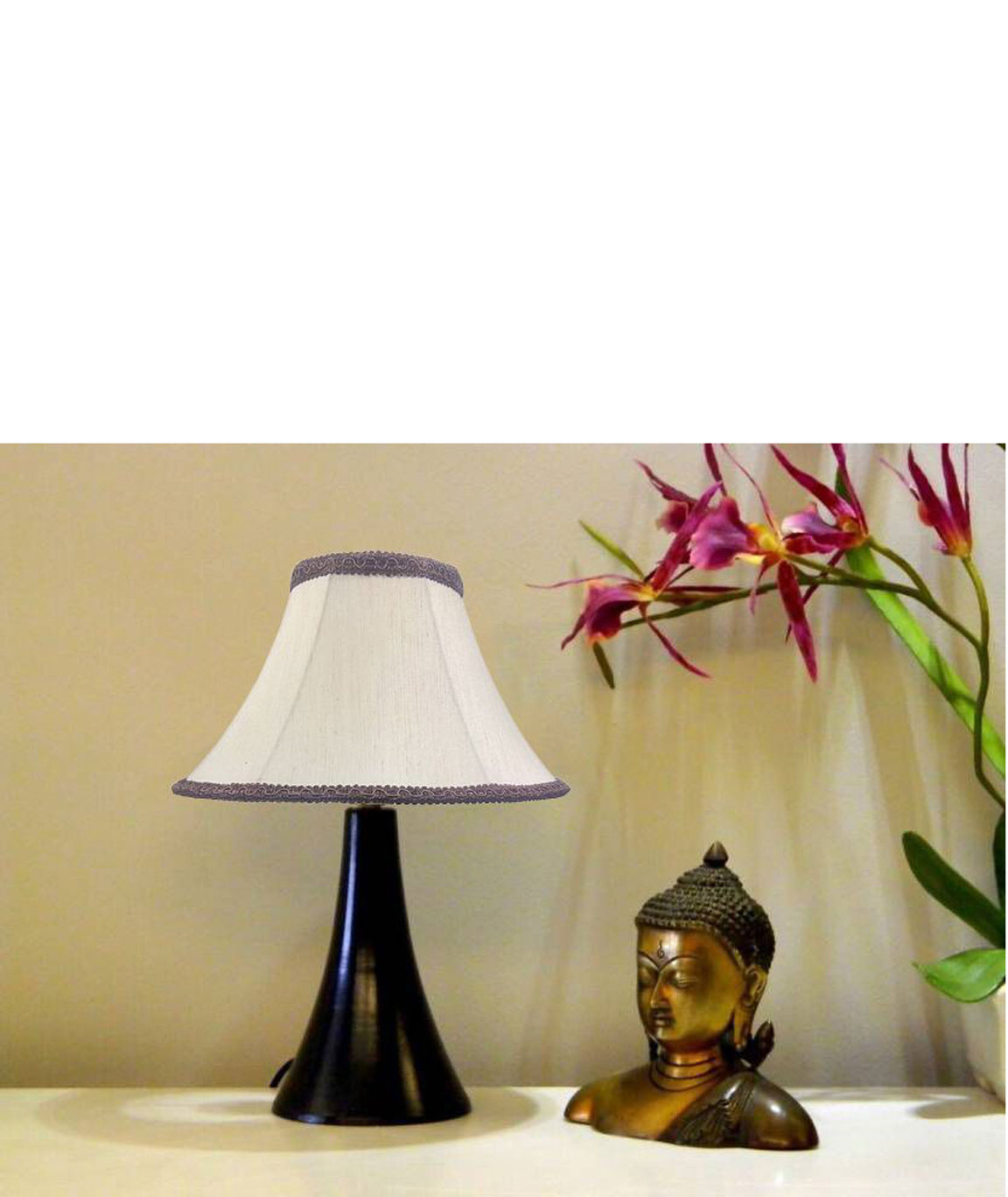 RDC Black Conical Stand Table Lamp with 10 Inches Round Slanting Cream-khadi with Brown Lace Border Lamp Shade