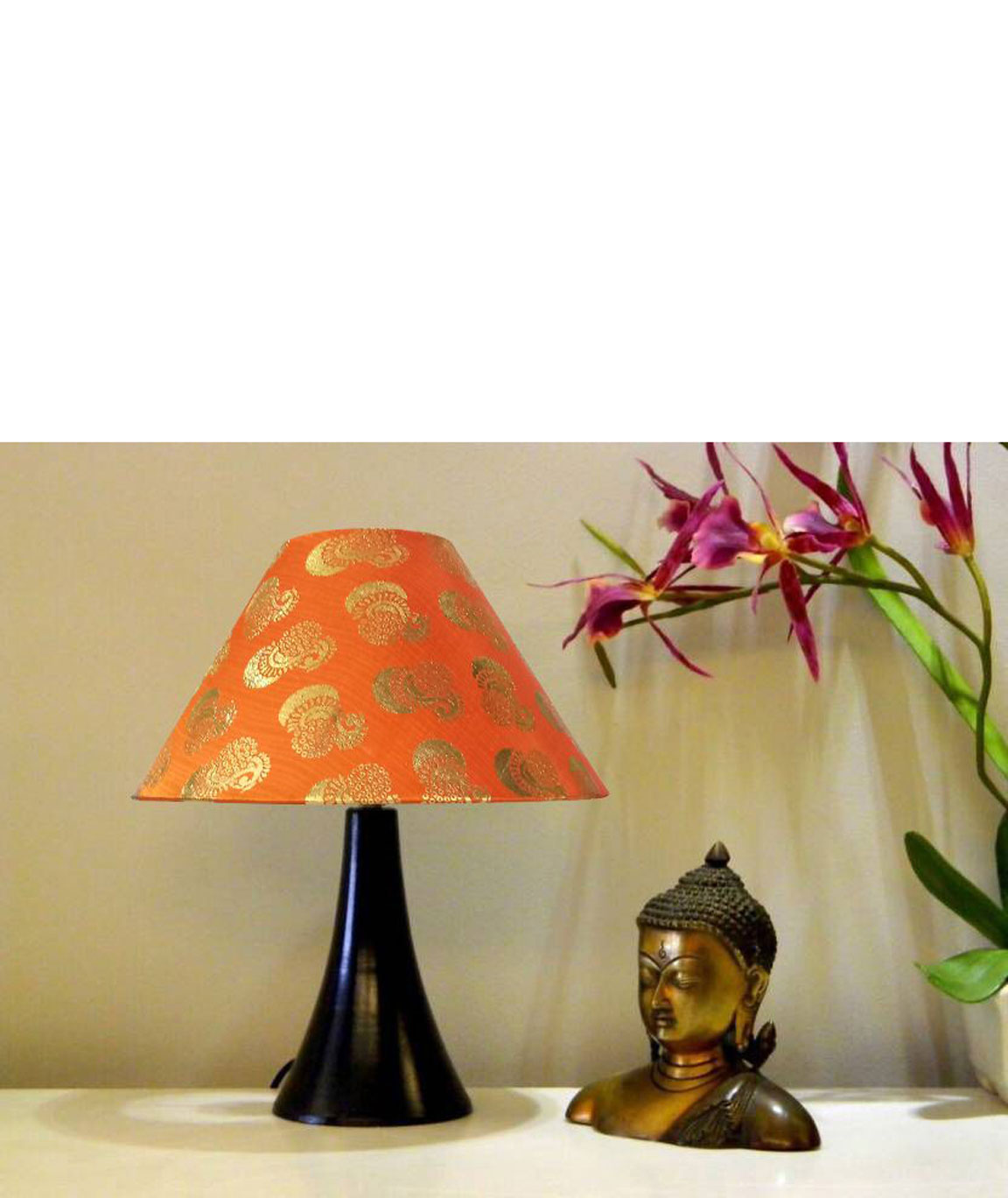 RDC Black Conical Stand Table Lamp with 10 Inches Round Orange Golden Designer Lamp Shade