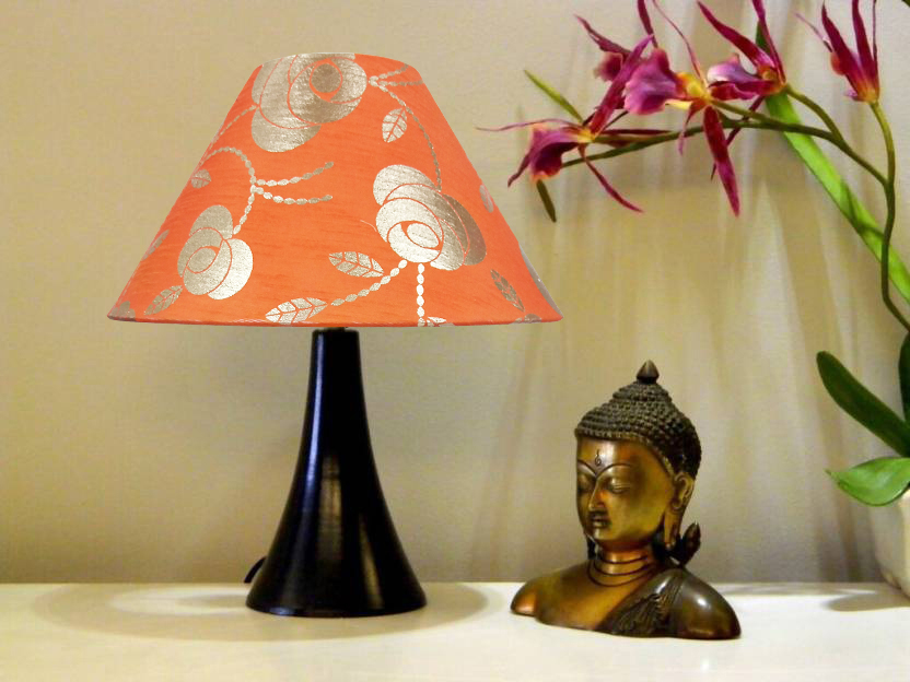 RDC Black Conical Stand Table Lamp with 10 Inches Round Orange Golden Floral Designer Lamp Shade
