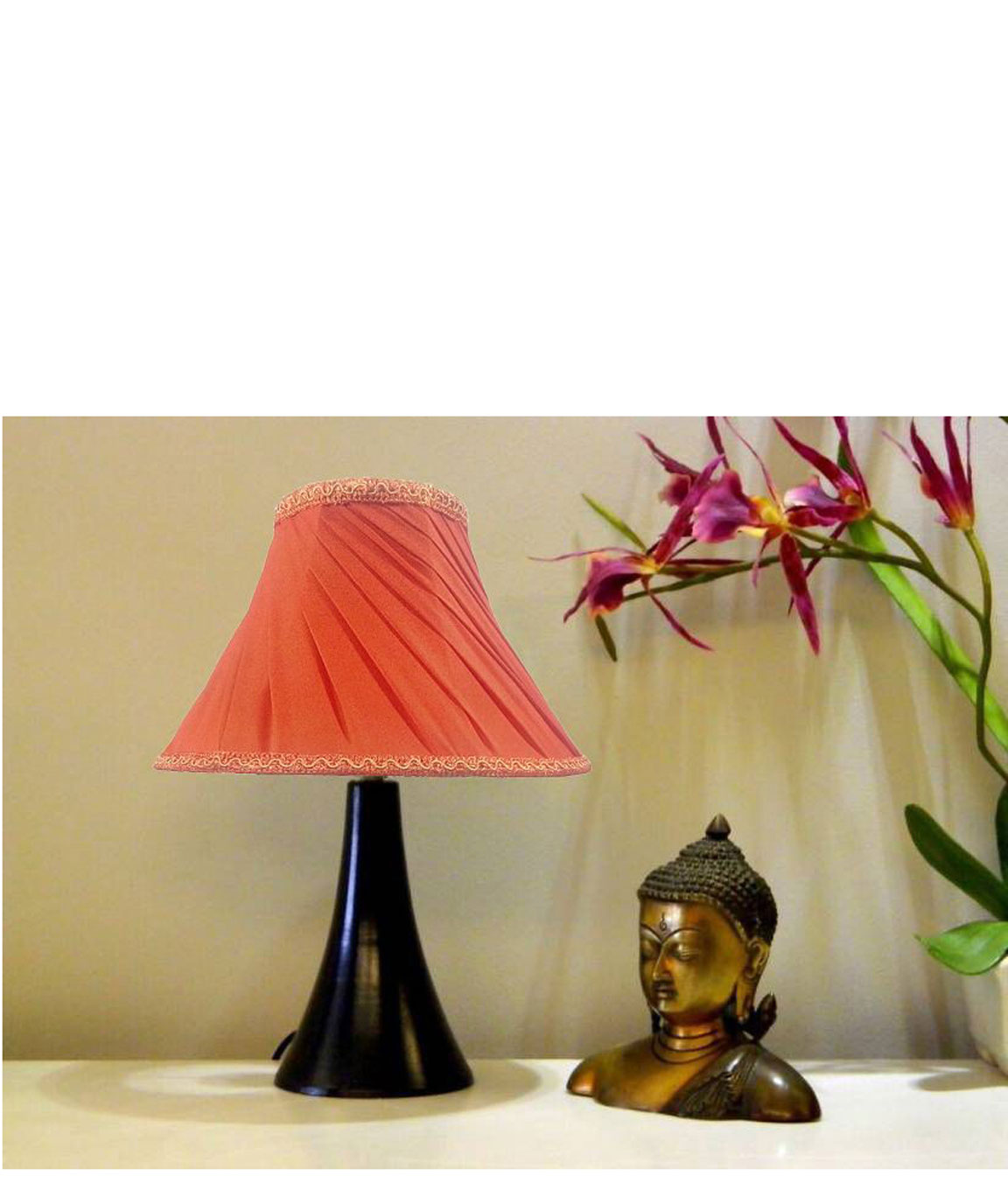 RDC Black Conical Stand Table Lamp with 10 Inches Round Slanting Pleated Orange with Lace Border Lamp Shade