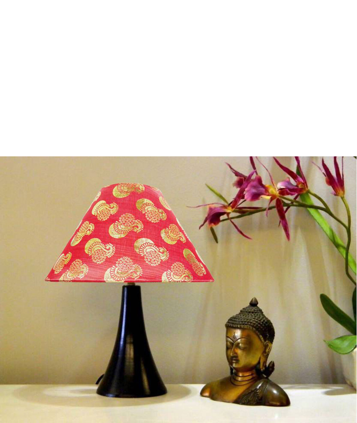 RDC Black Conical Stand Table Lamp with 10 Inches Round Red Golden Designer Lamp Shade