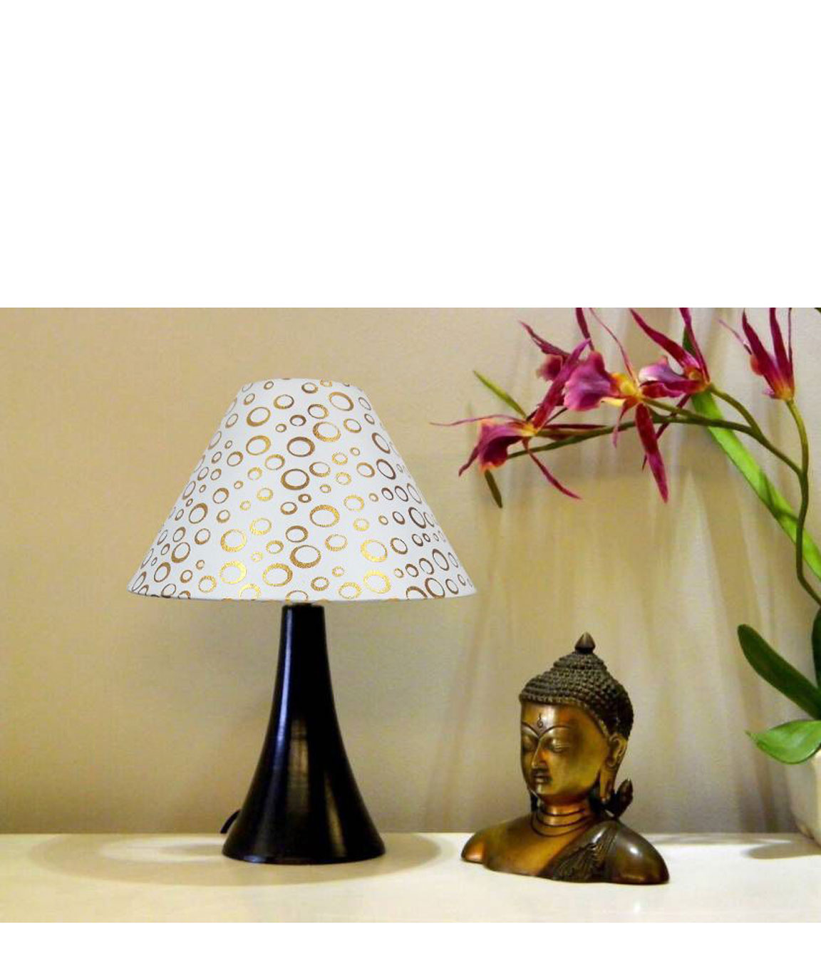 RDC Black Conical Stand Table Lamp with 10 Inches Round White Golden Polka Dots Designer Lamp Shade