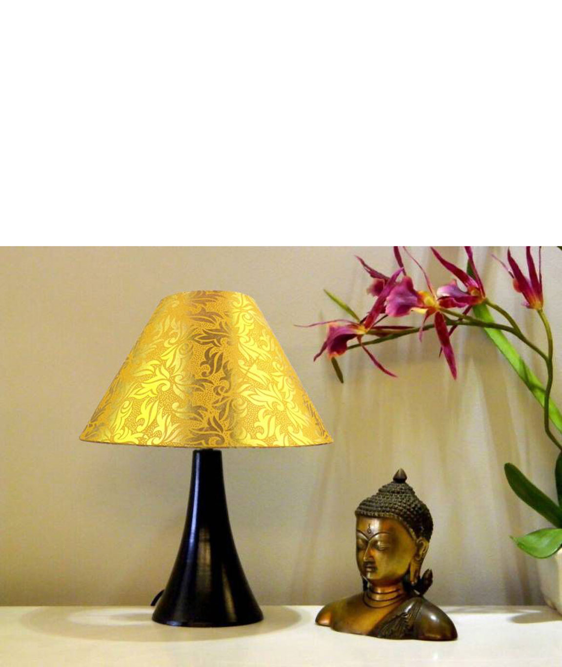 RDC Black Conical Stand Table Lamp with 10 Inches Round Yellow with Golden Designer Lamp Shade
