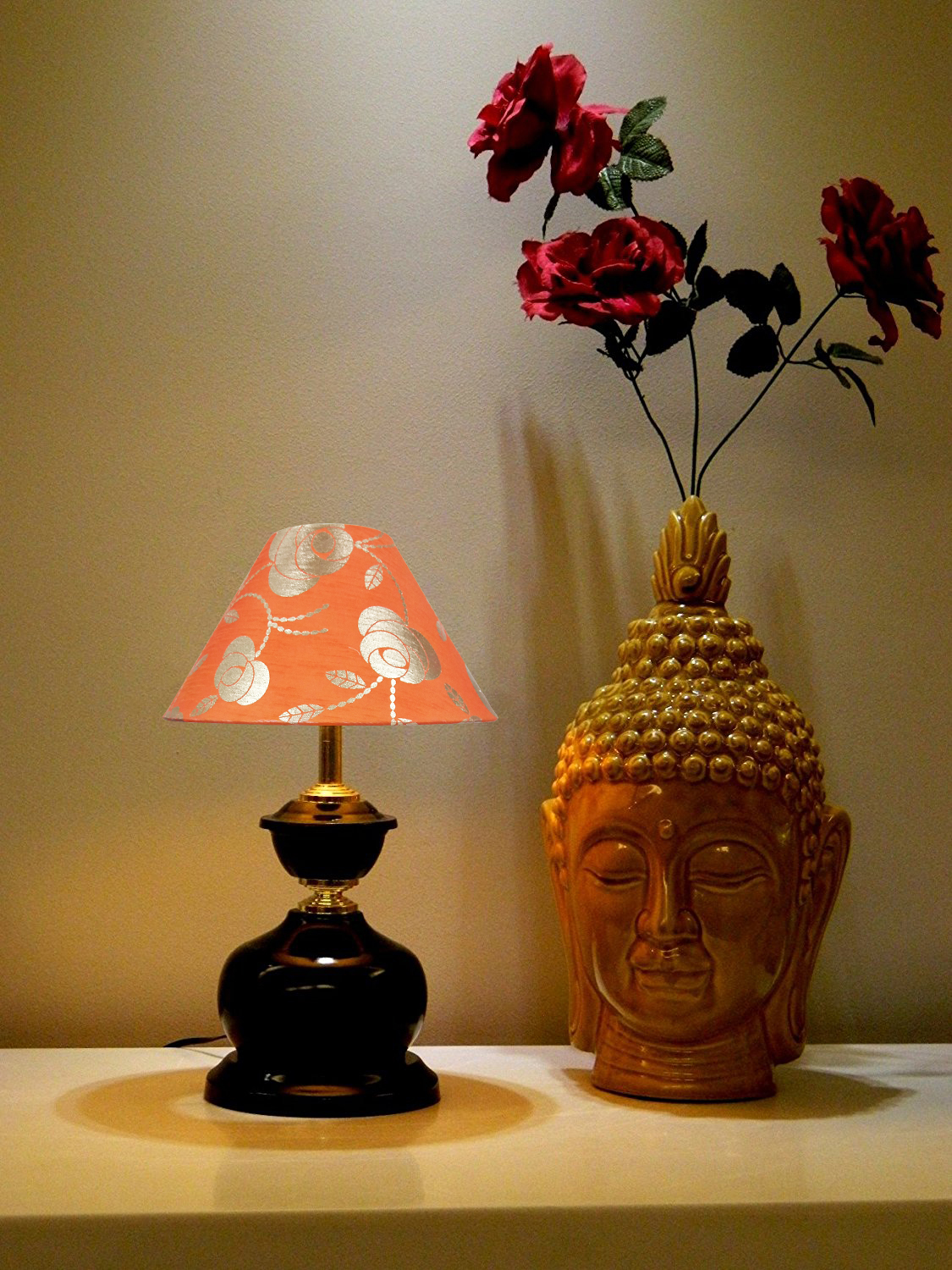 RDC Black Designer Table Lamp with 10 Inches Round Orange Golden Floral Designer Lamp Shade