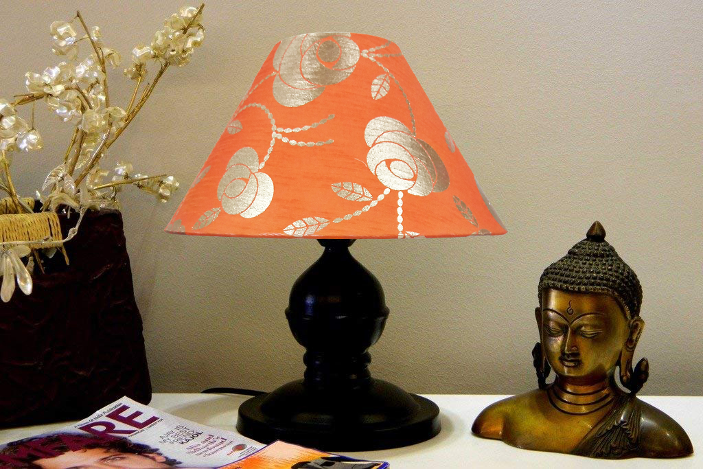 RDC Black Designer Table Lamp with 10 Inches Round Orange Golden Floral Designer Lamp Shade