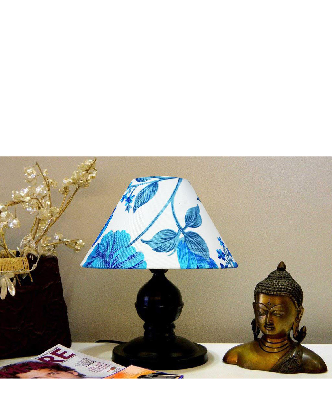RDC Black Designer Table Lamp with 10 Inches Round Blue White Floral Designer Lamp Shade