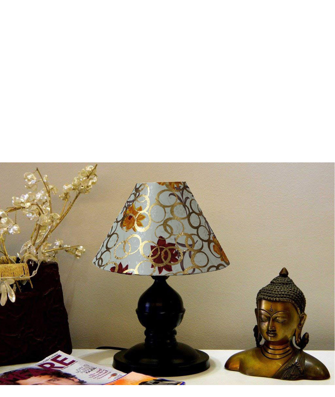 RDC Black Designer Table Lamp with 10 Inches Round Cream Golden Polka Dots Designer Lamp Shade