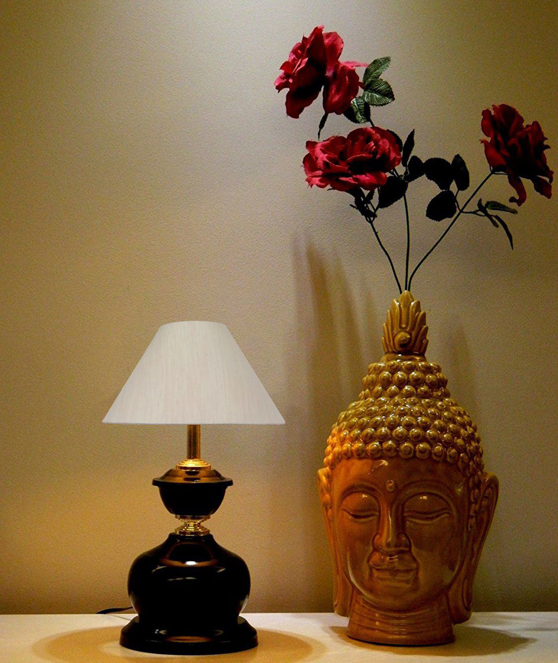 RDC Black Designer Table Lamp with 10 Inches Round Cream-khadi Lamp Shade