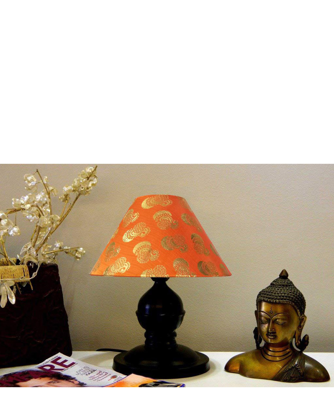 RDC Black Designer Table Lamp with 10 Inches Round Orange Golden Designer Lamp Shade