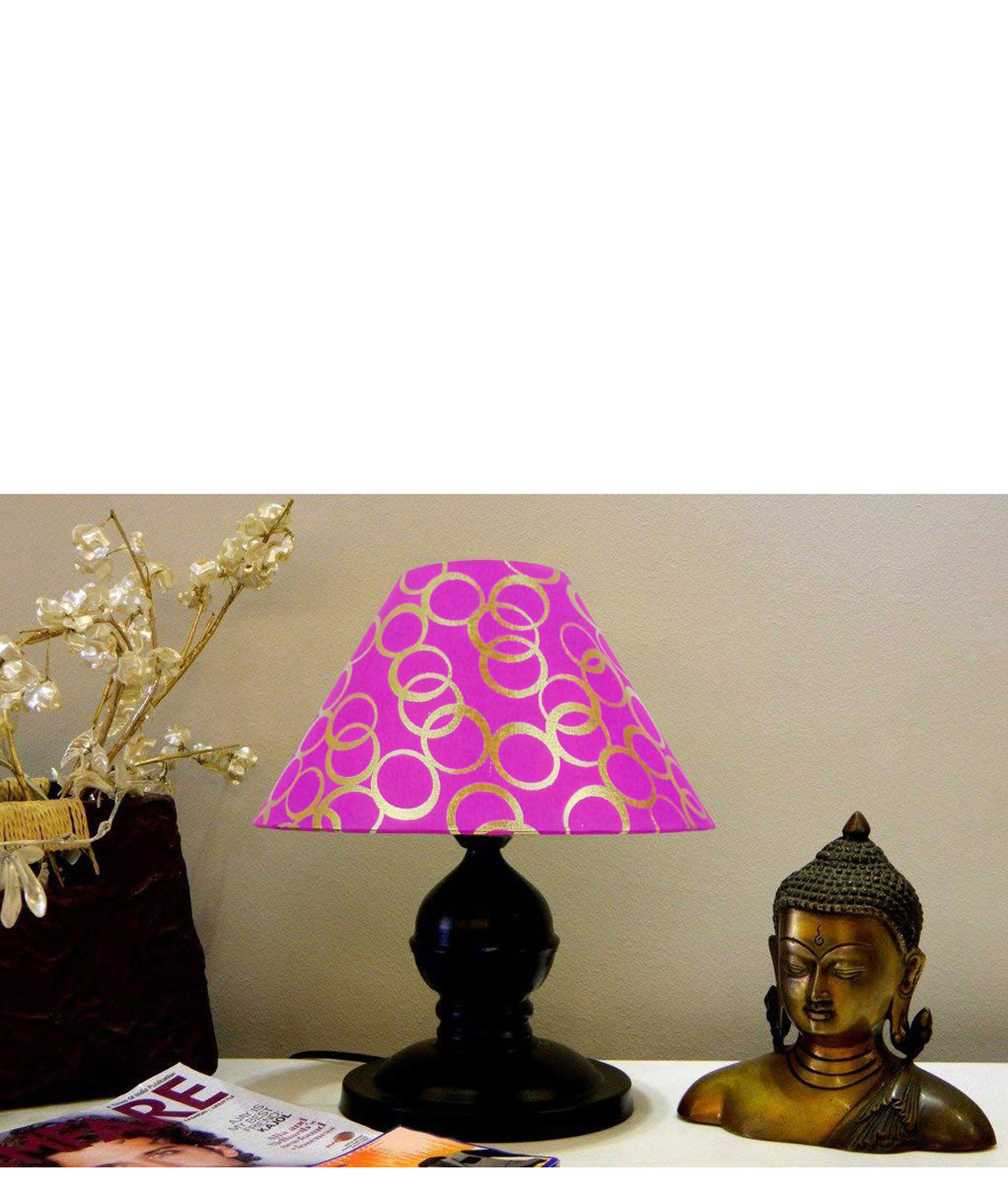 RDC Black Designer Table Lamp with 10 Inches Round Pink Golden Polka Dots Designer Lamp Shade