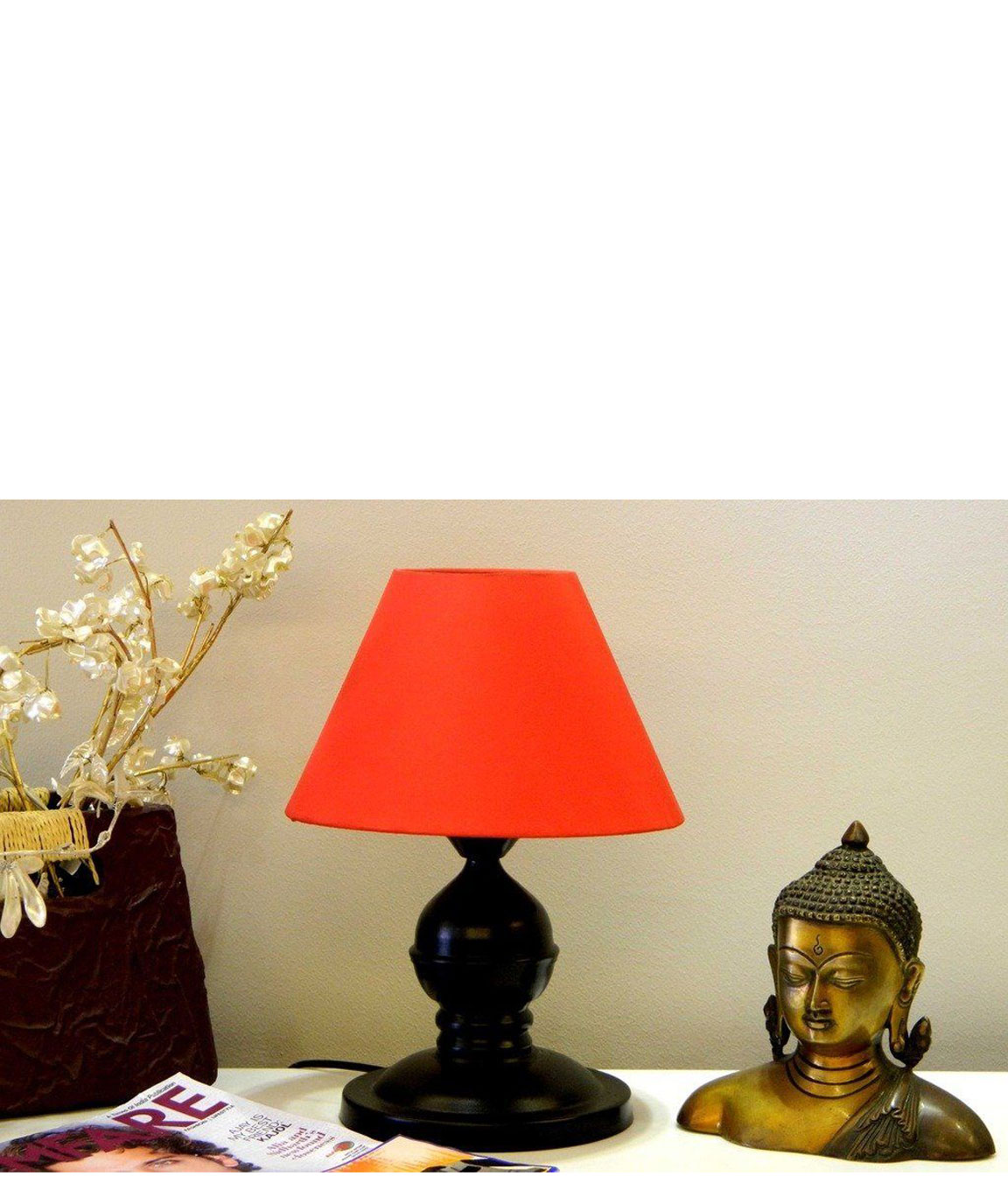 RDC Black Designer Table Lamp with 10 Inches Round Plain Orange Lamp Shade