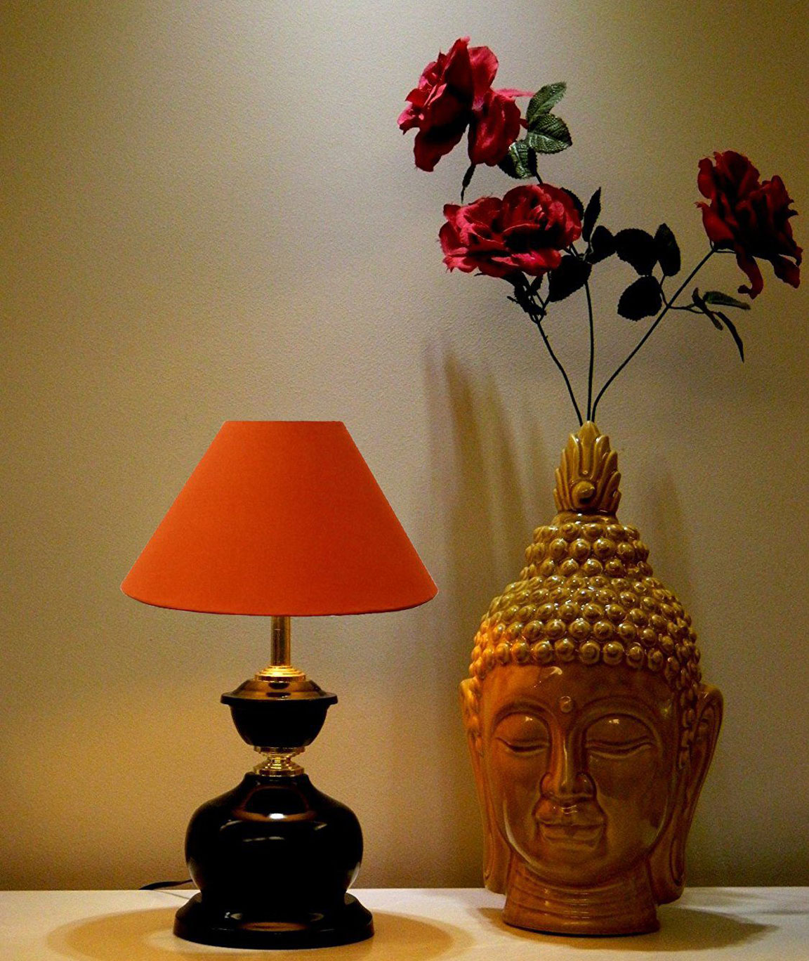 RDC Black Designer Table Lamp with 10 Inches Round Plain Rust-coloured Lamp Shade
