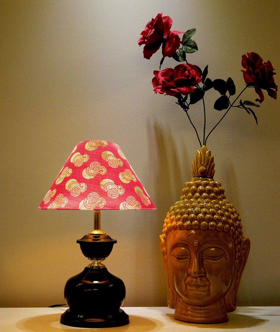 RDC Black Designer Table Lamp with 10 Inches Round Red Golden Designer Lamp Shade