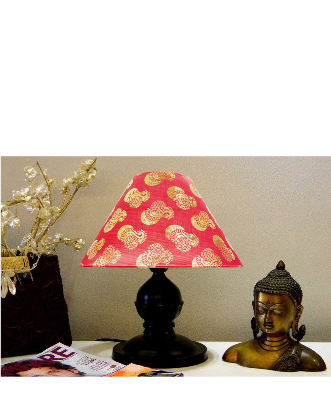 RDC Black Designer Table Lamp with 10 Inches Round Red Golden Designer Lamp Shade