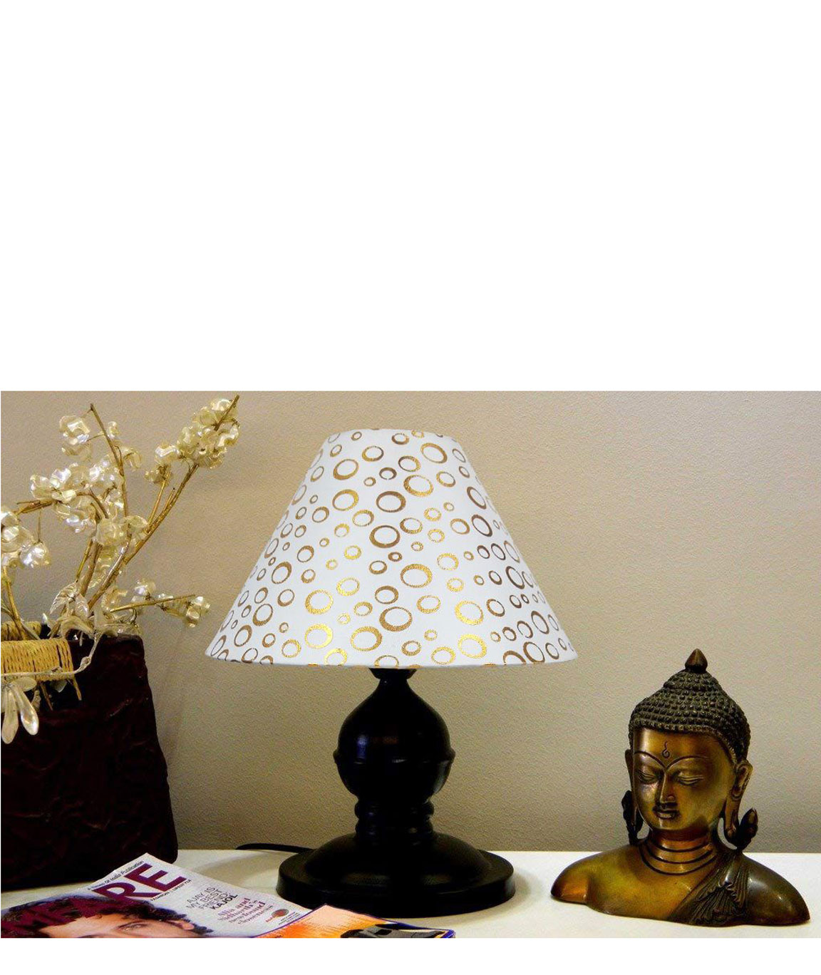 RDC Black Designer Table Lamp with 10 Inches Round White Golden Polka Dots Designer Lamp Shade