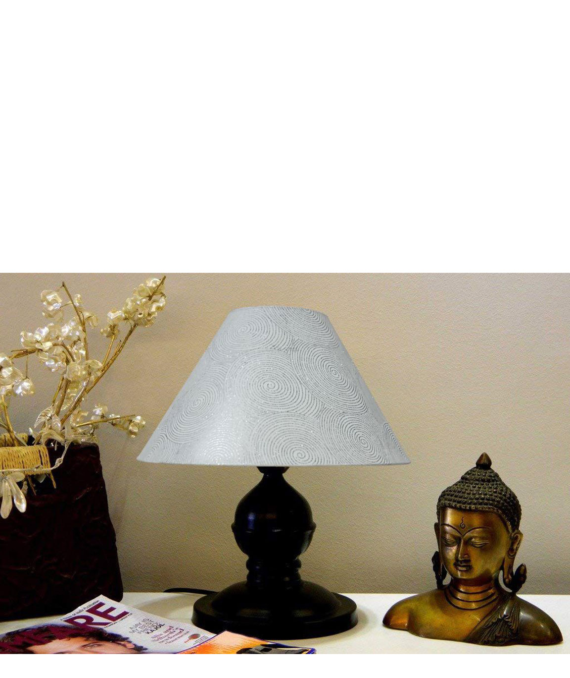 RDC Black Designer Table Lamp with 10 Inches Round White Silver Polka Dots Designer Lamp Shade
