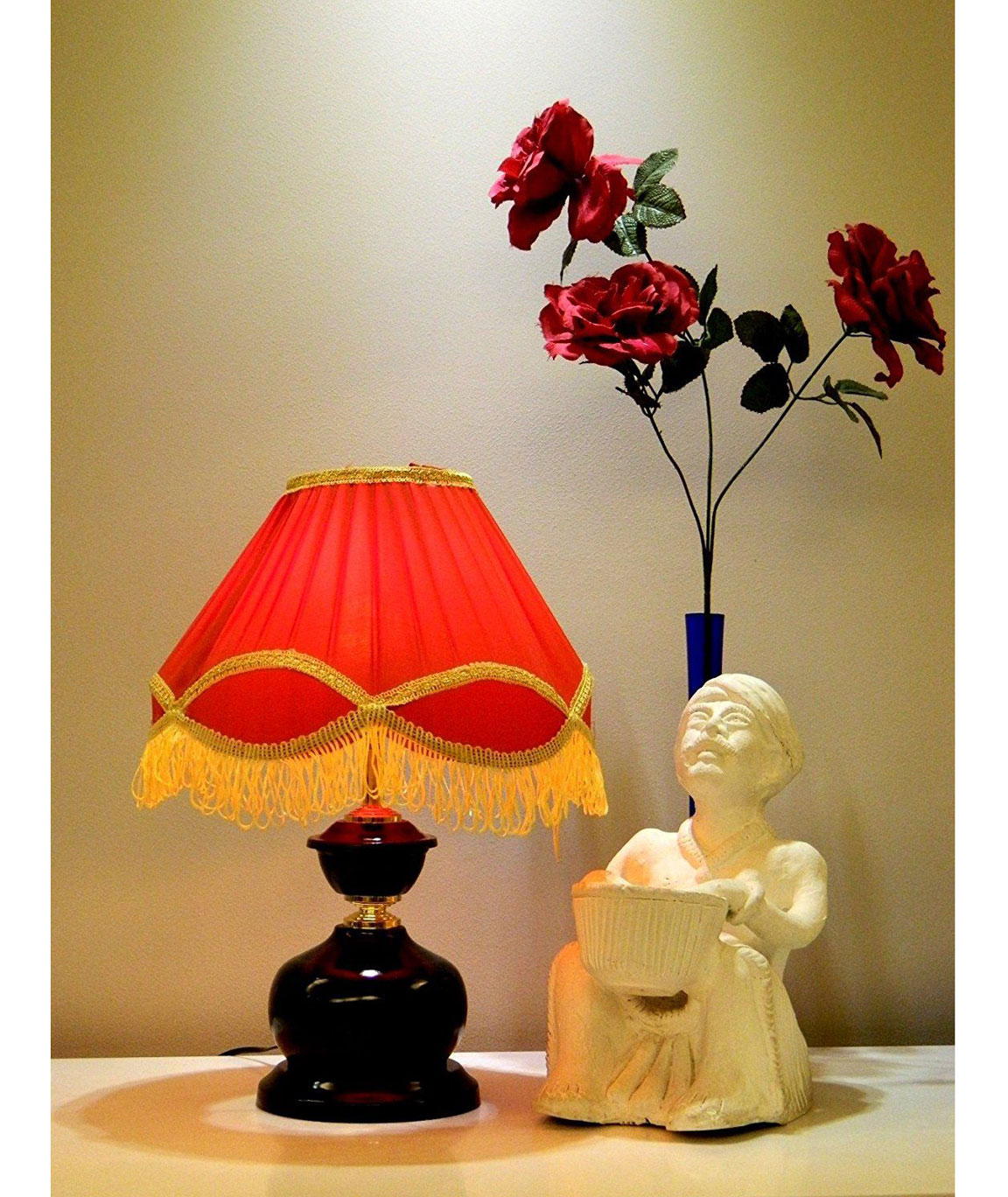 RDC Black Designer Table Lamp with 12 Inches Round Pleated Red with Golden Lace Border with Frills Lamp Shade