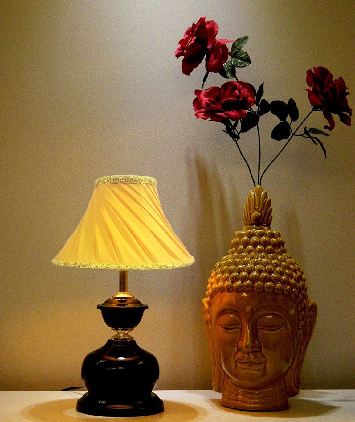 RDC Black Designer Table Lamp with 12 Inches Round Slanting Pleated Yellow with Lace Border Lamp Shade