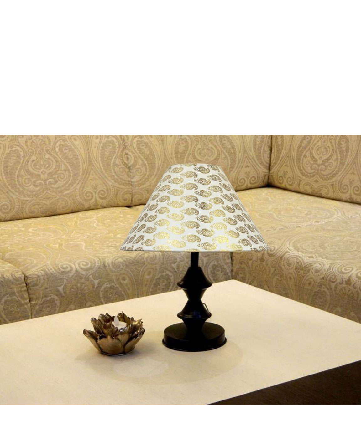 RDC Black Double Ring Stand Table Lamp with 10 Inches Round Cream Golden Designer Lamp Shade