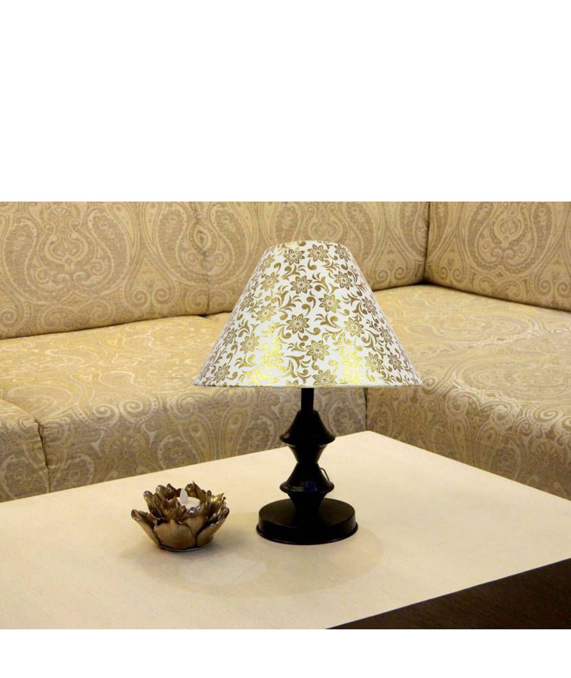 RDC Black Double Ring Stand Table Lamp with 10 Inches Round Cream Golden Designer Lamp Shade