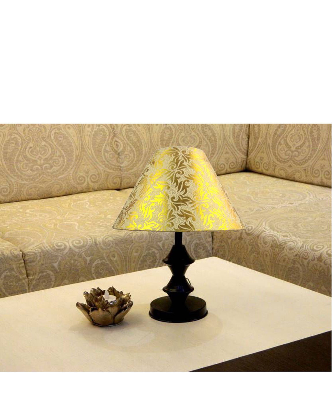 RDC Black Double Ring Stand Table Lamp with 10 Inches Round Cream with Golden Designer Lamp Shade