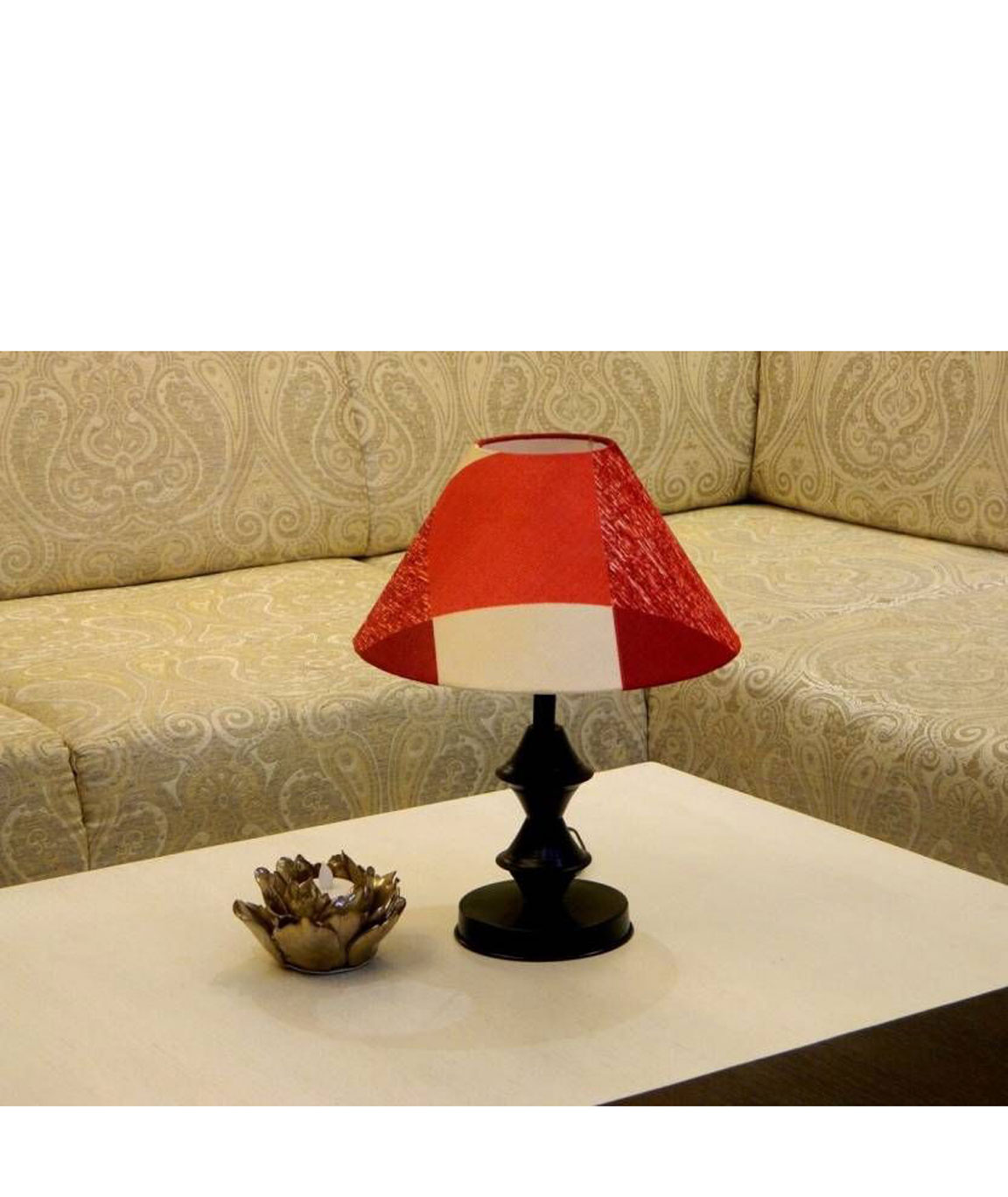 RDC Black Double Ring Stand Table Lamp with 10 Inches Round Maroon Checks Designer Lamp Shade
