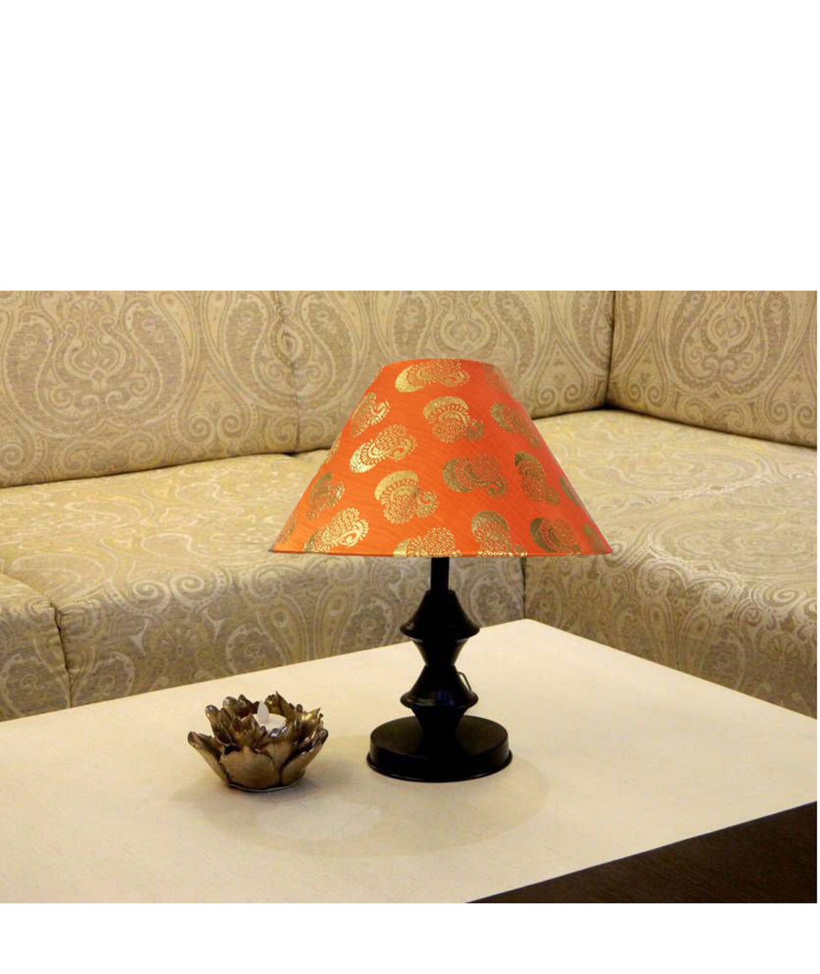 RDC Black Double Ring Stand Table Lamp with 10 Inches Round Orange Golden Designer Lamp Shade