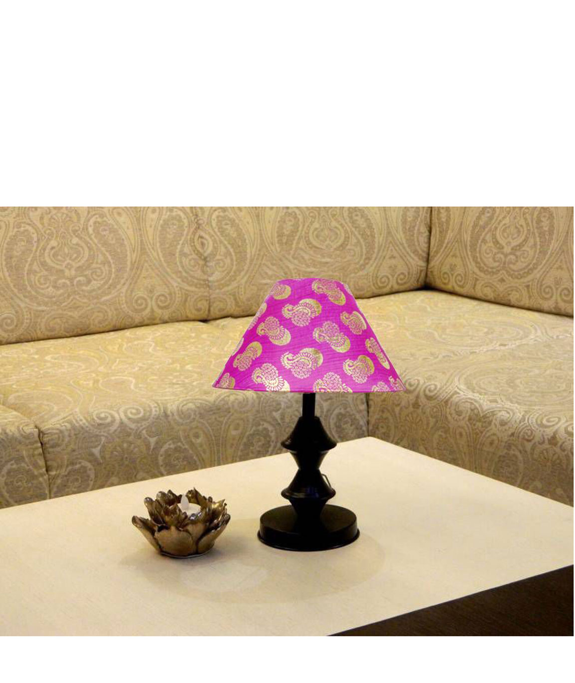 RDC Black Double Ring Stand Table Lamp with 10 Inches Round Pink Golden Designer Lamp Shade