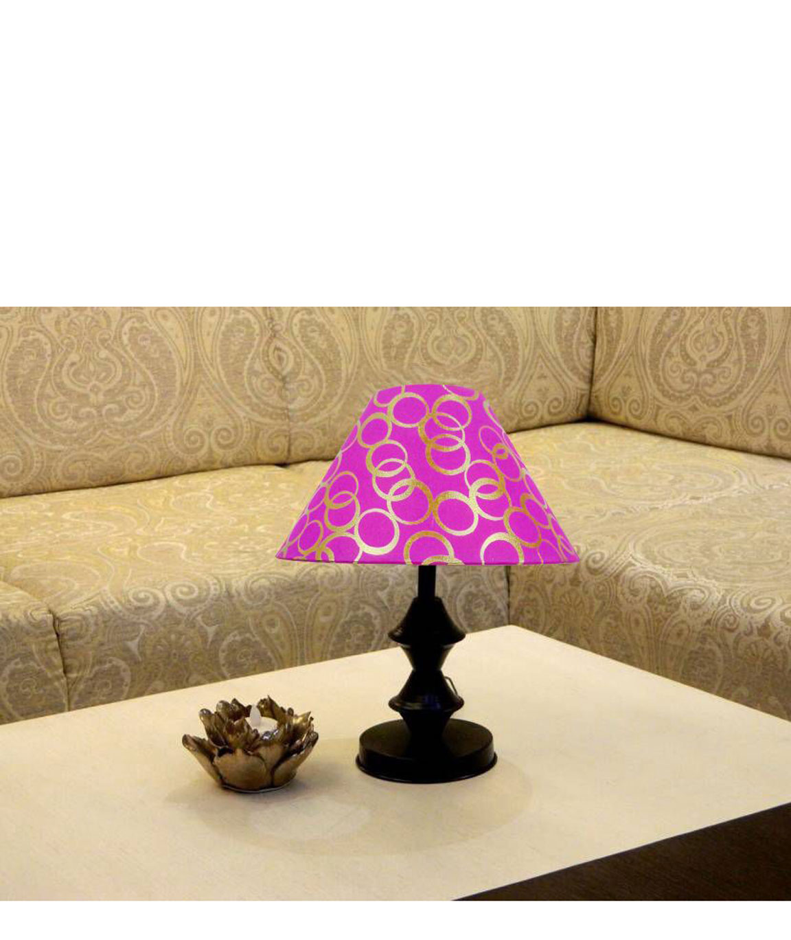 RDC Black Double Ring Stand Table Lamp with 10 Inches Round Pink Golden Polka Dots Designer Lamp Shade