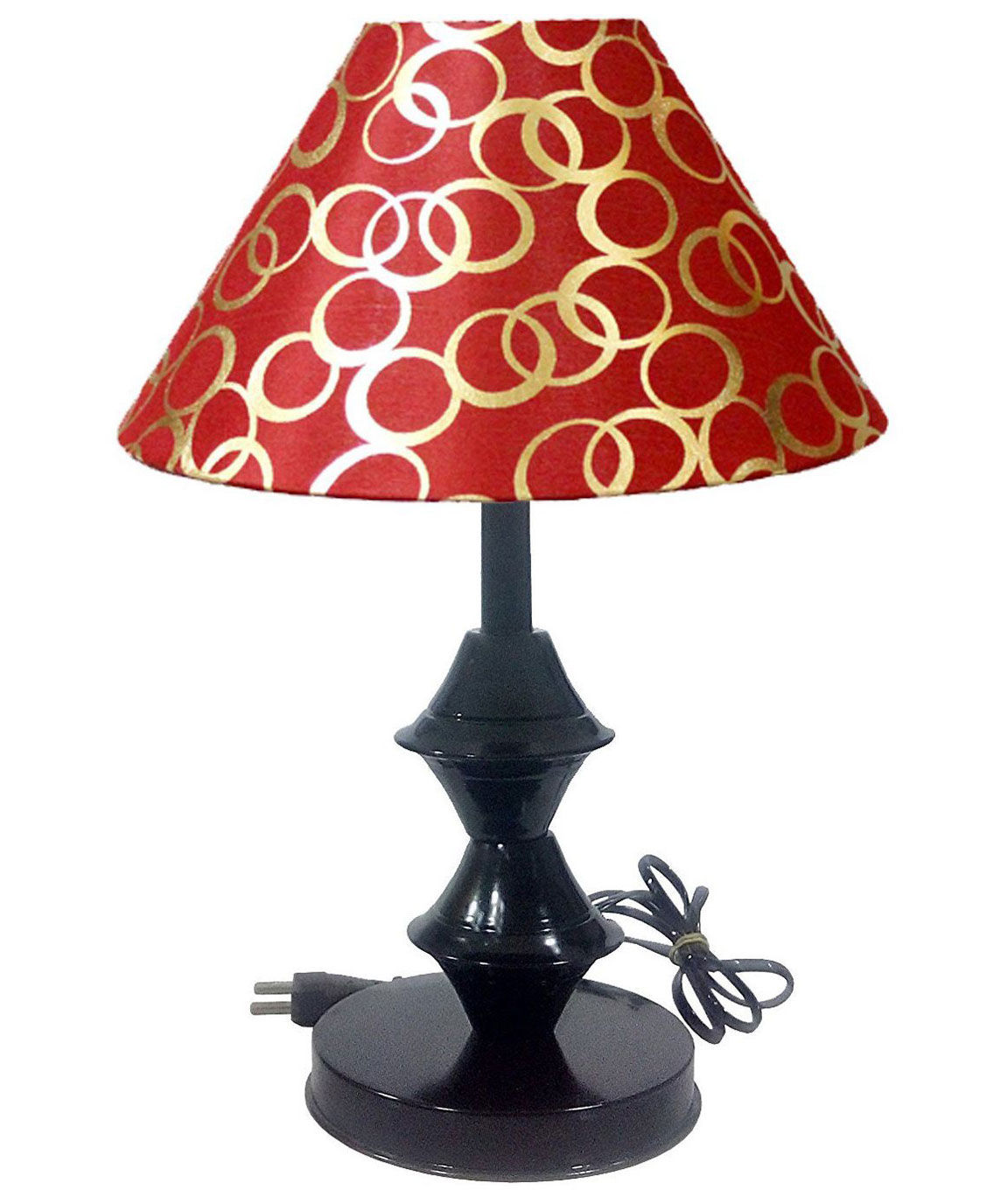 RDC Black Double Ring Stand Table Lamp with 10 Inches Round Red Golden Polka Dots Designer Lamp Shade
