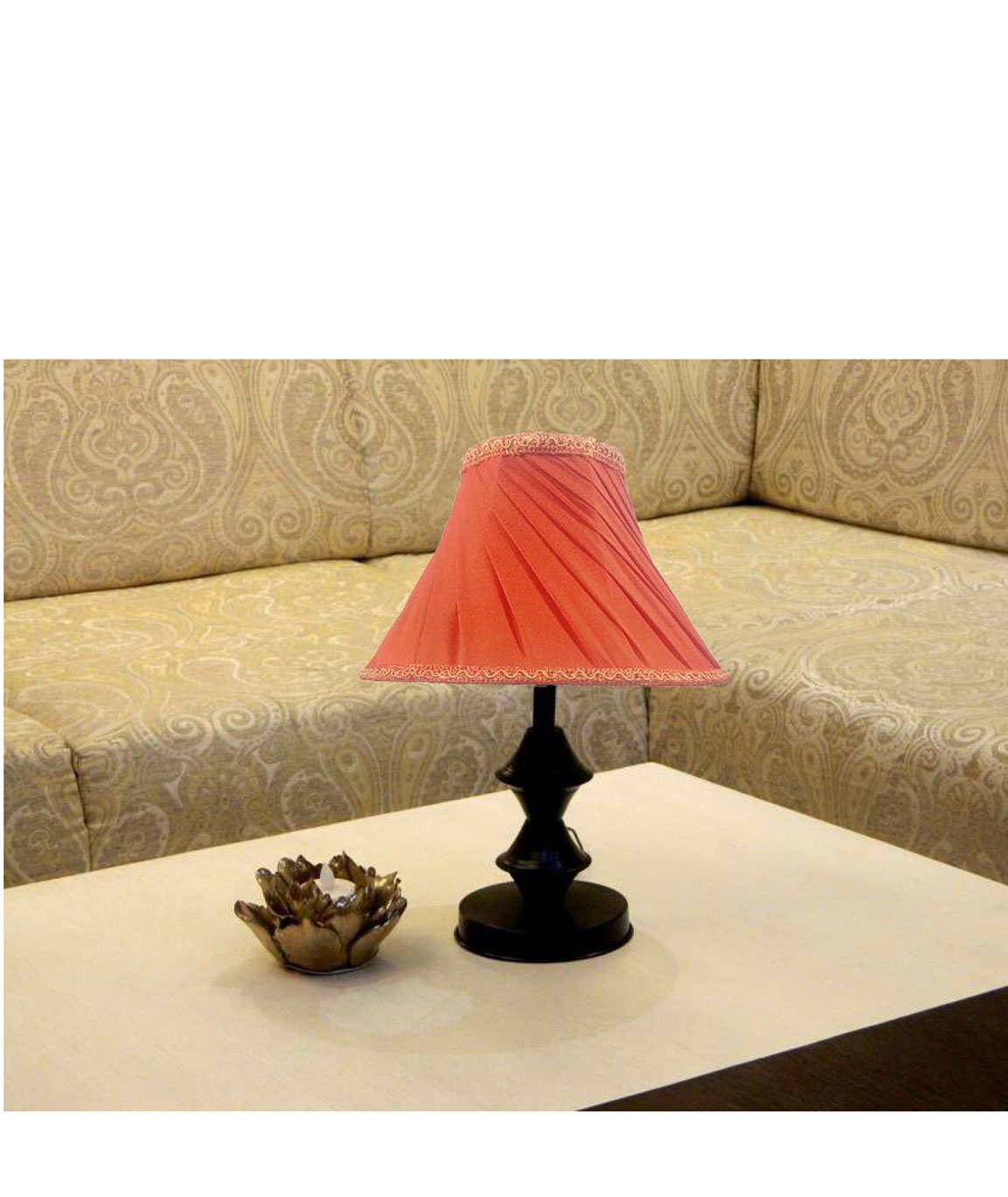 RDC Black Double Ring Stand Table Lamp with 10 Inches Round Slanting Pleated Orange with Lace Border Lamp Shade