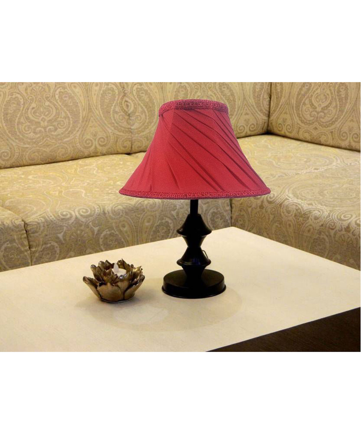 RDC Black Double Ring Stand Table Lamp with 10 Inches Round Slanting Pleated Red with Lace Border Lamp Shade