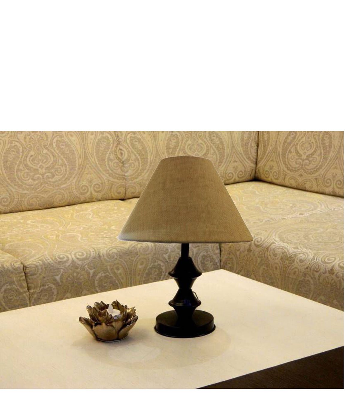 RDC Black Double Ring Stand Table Lamp with 10 Inches Round Slanting Sand-Brown Jute Lamp Shade