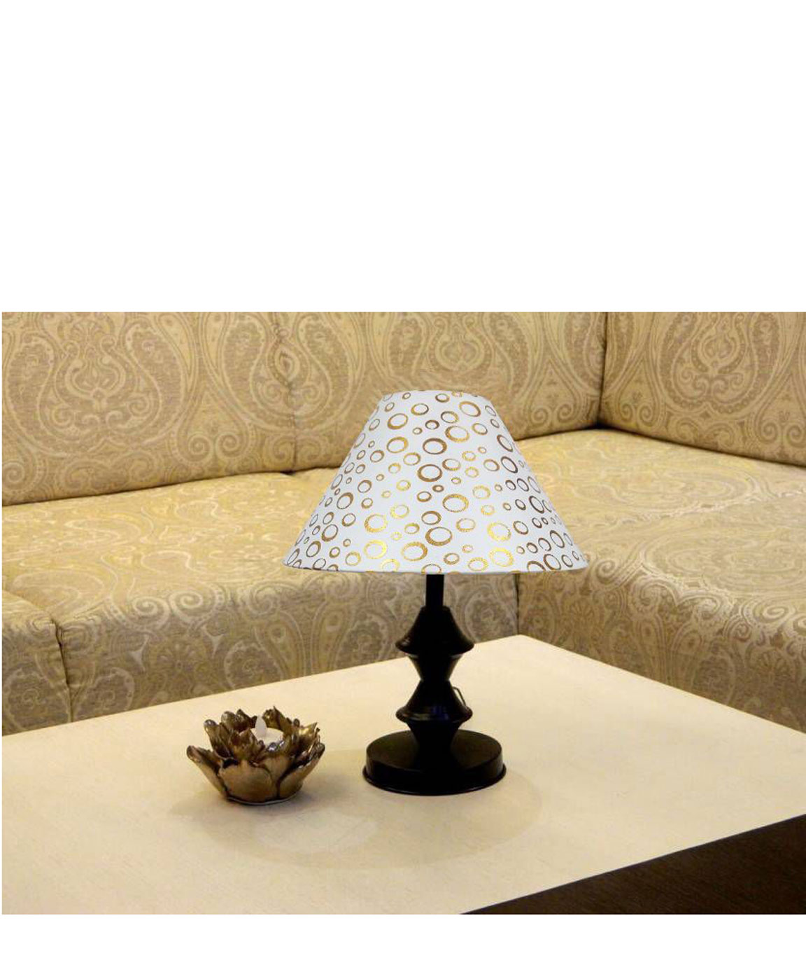RDC Black Double Ring Stand Table Lamp with 10 Inches Round White Golden Polka Dots Designer Lamp Shade
