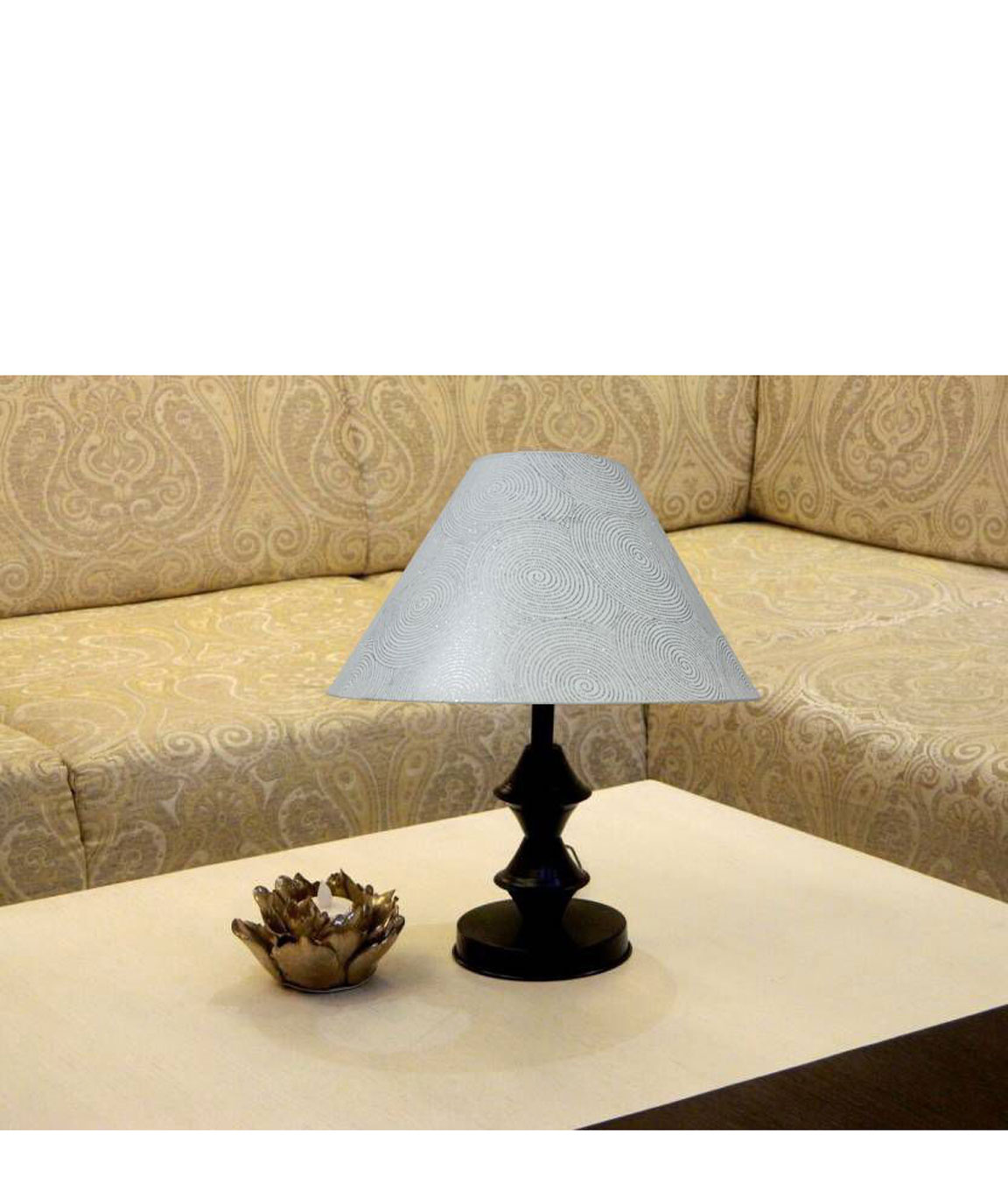 RDC Black Double Ring Stand Table Lamp with 10 Inches Round White Silver Polka Dots Designer Lamp Shade