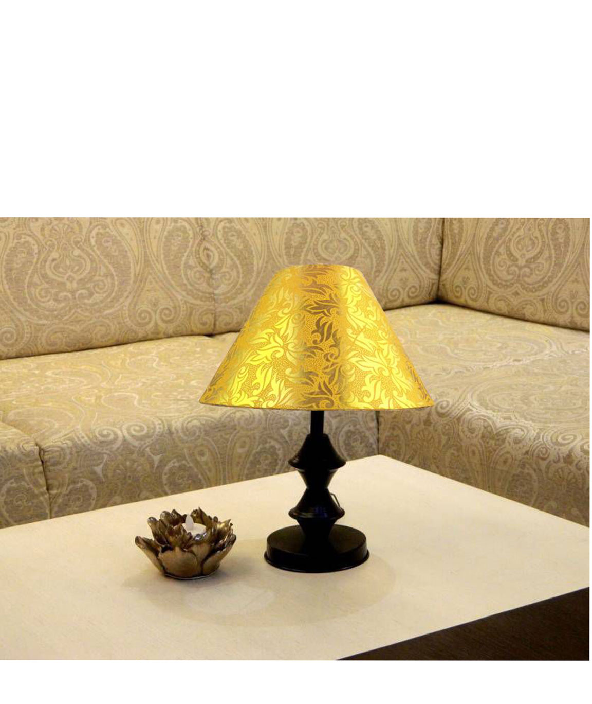 RDC Black Double Ring Stand Table Lamp with 10 Inches Round Yellow with Golden Designer Lamp Shade